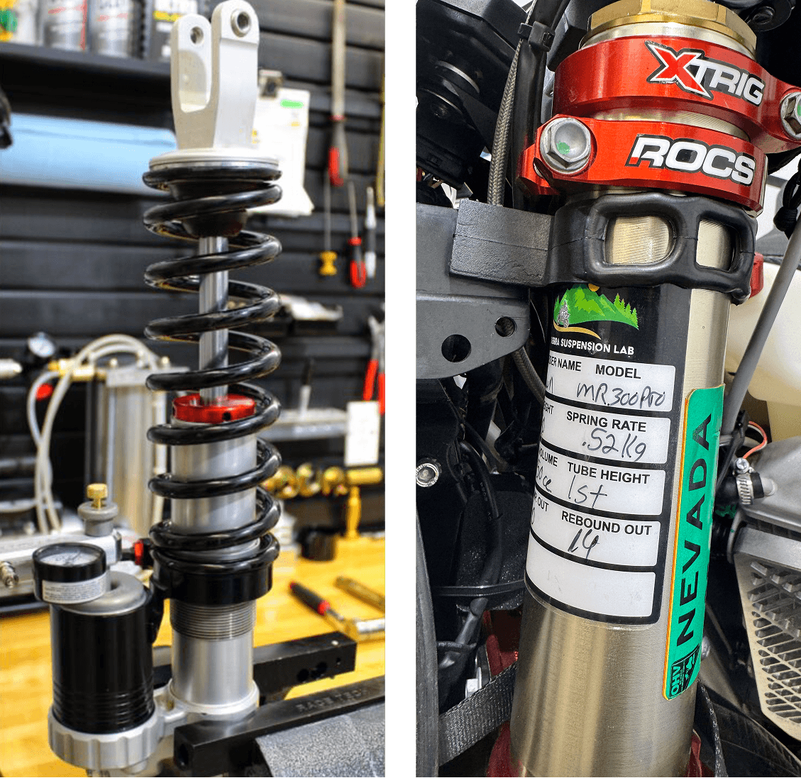 Close-up of a Fox Racing shock absorber with adjustment settings.