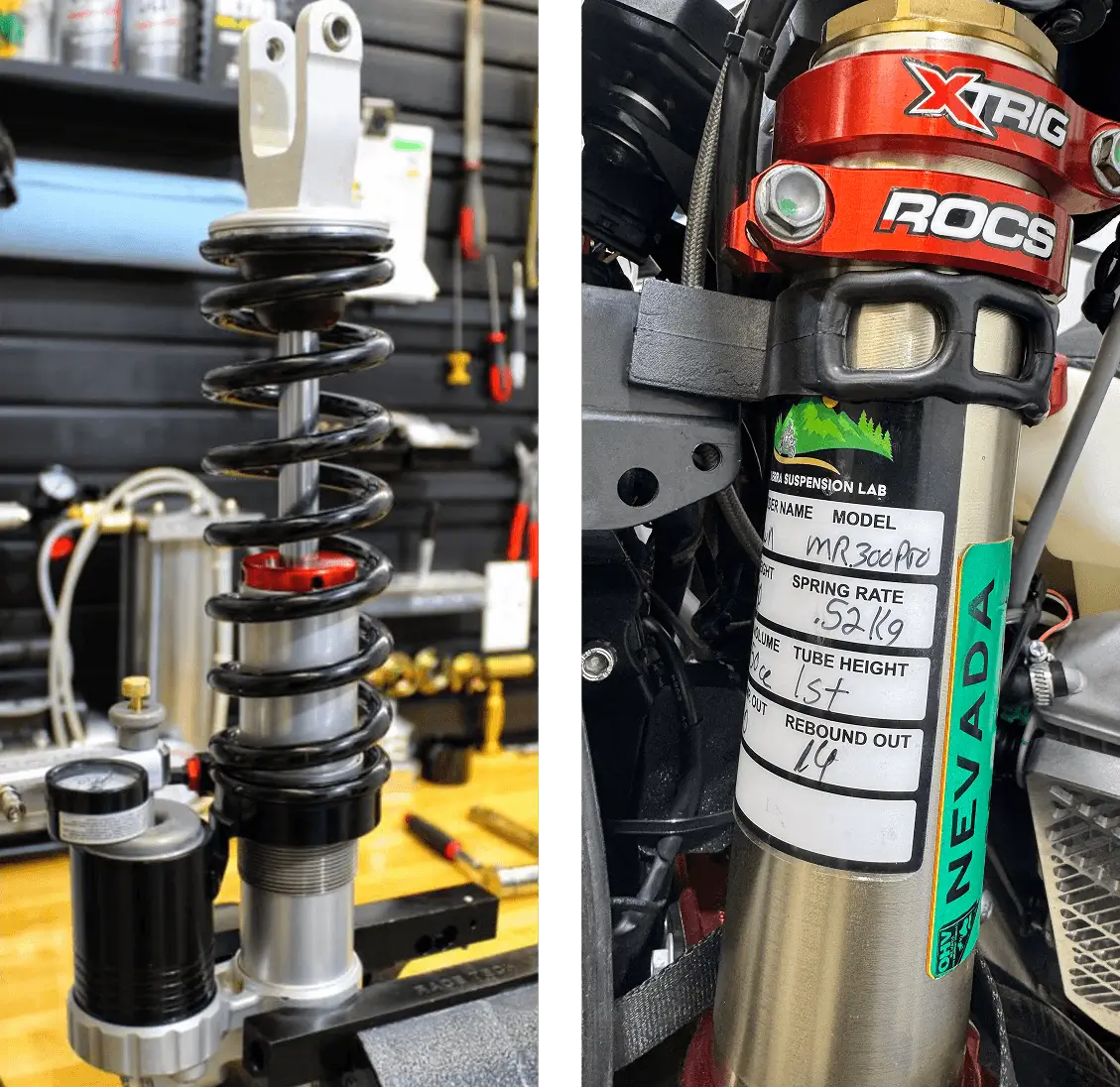 Close-up of a Fox Racing shock absorber with adjustment settings